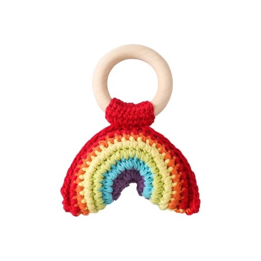 Crocheted Rattle 11.5 x 9.1 cm Wooden Circular Grip Crocheted Rainbow Made of Cotton Handmade Safe Rattle for Babies Gentle Stimulation