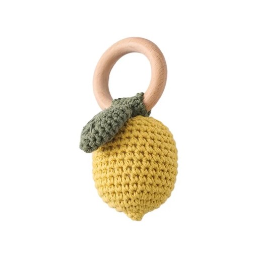 Crocheted Rattle 11.9 x 5.2 cm Lemon Made of Cotton with Wooden Circular Grip Handmade Safe Toy for Babies Gentle Motor and Sensory Stimulation