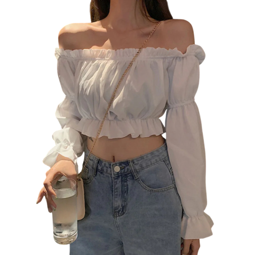 Crop Top für Damen mit Rüschen und freiliegenden Schultern. Elegante Bluse mit langen Ärmeln. Elastischer Bund. Stilvolles Sommertop für Freizeit und Party.