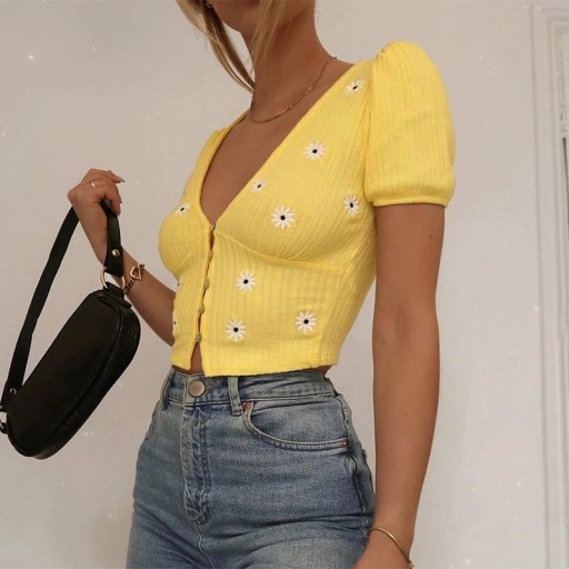 Crop top giallo da donna con fiori