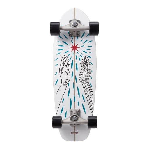 Cruiser skateboard με μοτίβο κόκκινης αστερίας και χεριών Μήκος 78,7 εκ. Ασημένιοι τροχοί Λευκό με μαύρους τροχούς Για οδήγηση στην πόλη