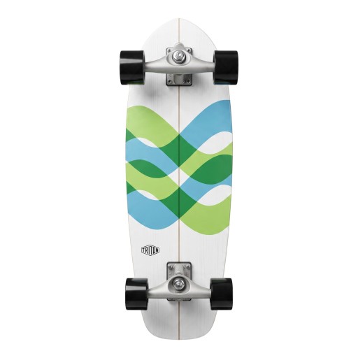 Cruiser skateboard S modro-zelenými vlnkami Délka 80,1 cm Stříbrné trucky Bílý s černými koly Na ježdění po městě a cyklostezkách