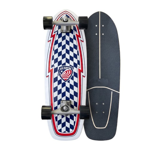 Cruiser skateboard S modrobílým kostkovaným vzorem Délka 78,1 cm Protiskluzový grip Bílý s černými koly Na město a chodníky