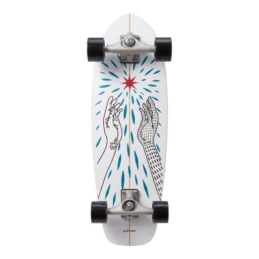 Cruiser skateboard S motivem červené hvězdy a rukou Délka 78,7 cm Stříbrné trucky Bílý s černými koly Na ježdění po městě
