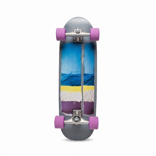 Cruiser skateboard z kicktailem i kółkami 70 mm Długość 78,7 cm Srebrne trucki Szaro-niebieski z fioletowymi kołami Do miasta i na chodniki