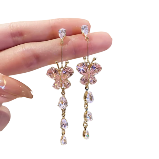 Crystal Butterfly Drop Earrings with Zircon Stones Elegant and Luxurious Design for Women, Long Trendy and Lightweight Earrings