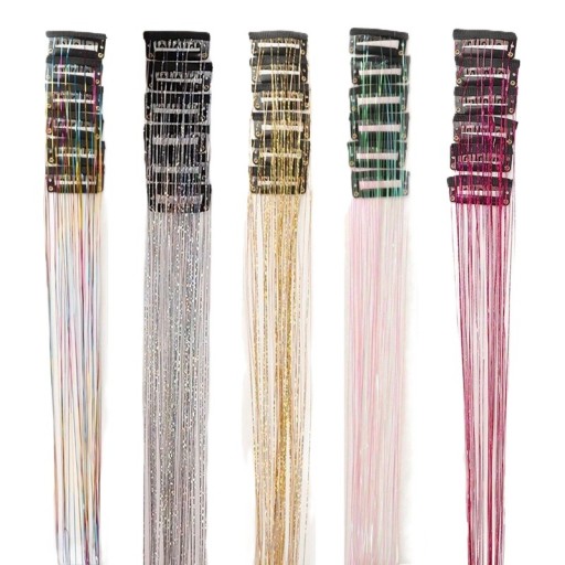 Csillogó hajtincsek csatokkal 50 cm, 12 db-os készlet, clip-in csillám a hajbetét díszítésére, fényes hajkiegészítő hölgyeknek