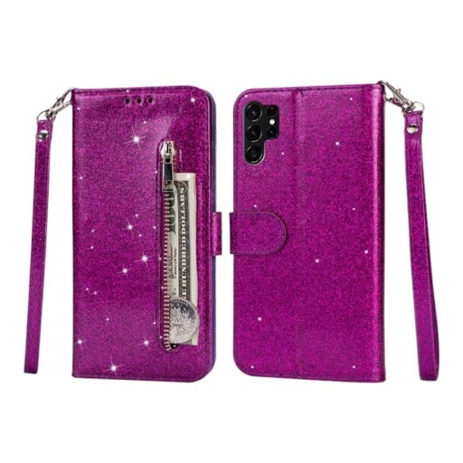 Csillogó könyv alakú tok Samsung Galaxy A17-hez Tartós Cipzáras zseb Kárty zsebek Csuklópánt Állvány funkció Flip mobil tok