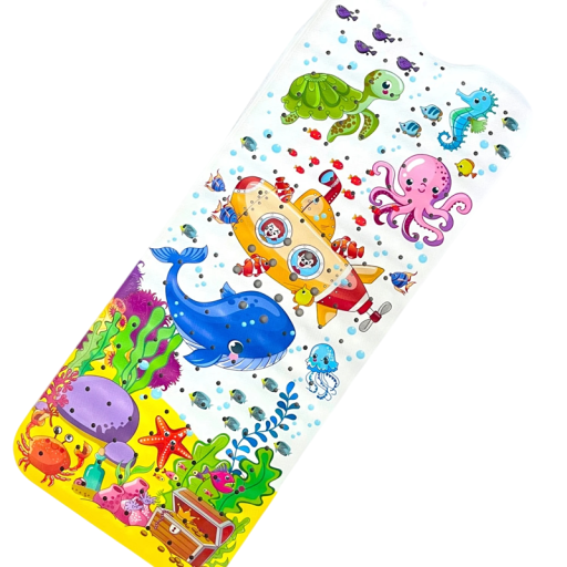 Csúszásgátló fürdőszobai szőnyeg tengeralattjáróval és tengeri állatokkal, 40 x 100 cm, hosszú szőnyeg tapadókorongokkal a gyermekek fürdőszobájához