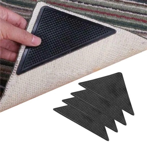 Csúszásgátló háromszög alakú szőnyegmatricák, 4 db-os készlet, mosható, 15 x 11 x 7,5 cm, fekete, szőnyeg sarkainak rögzítése otthon
