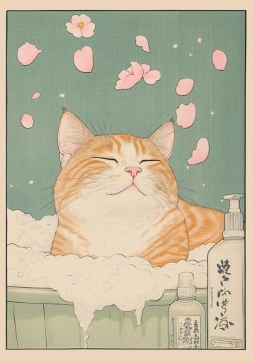 Cuadro de pared 30 x 42 cm Gato pelirrojo en un baño caliente Motivo japonés Impresión en lienzo Sin marco Decoración estilosa para el hogar
