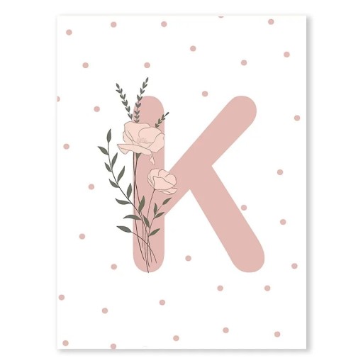 Cuadro de pared 50 x 70 cm Inicial floral "K" Póster de lienzo rosa sin marco Gran decoración para la habitación infantil y de niñas