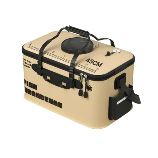 Cubeta de pesca plegable con tapa y red 45 × 28 × 23 cm EVA beige con bolsillo lateral y soporte para equipo de peces vivos