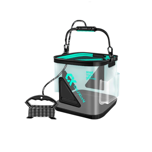 Cubo de pesca plegable 13 l reforzado EVA transparente 24 × 24 cm con tapa de cremallera, bolsillos y refuerzos para peces vivos y agua