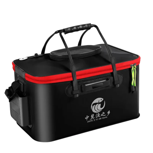Cubos de pesca plegables para peces vivos 39 × 24 × 25 cm tapa transpirable material negro rojo portátil para pesca y actividades al aire libre