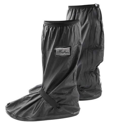 Cubrezapatos de PVC negro con suela antideslizante, cremallera y cordón para actividades al aire libre.