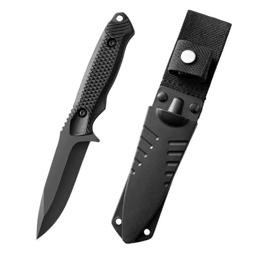 Cuchillo de camping de acero negro de 20 cm con funda Cuchillo de caza al aire libre para supervivencia Senderismo Camping Cuchillo táctico