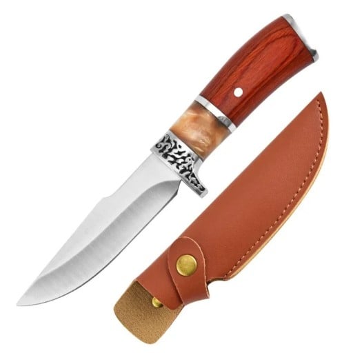 Cuchillo recto de exterior para la naturaleza. Hoja de acero inoxidable de 20 cm. Mango de resina de madera. Cuchillo táctico de supervivencia. Con