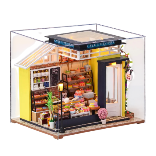Cukrárna 18 x 21 x 17 cm Miniaturní LED stavebnice s nábytkem Realistický model s krytem Dekorativní osvětlená mini cukrárna s detaily