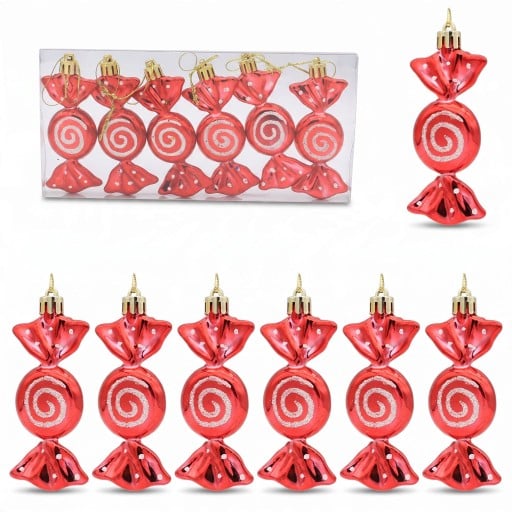 Cukrové karácsonyi díszek Bonbóny 6 db Arany záróval és akasztóval Magasság 9 cm Fényes felület spirállal Piros-fehér szín Karácsonyfára