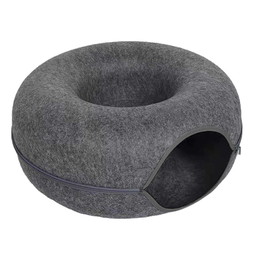 Culcuș tip gogoașă pentru pisici 2 în 1 din fetru Gri închis cu formă rotundă pentru animale de companie Diametru 60 cm Înălțime 28 cm
