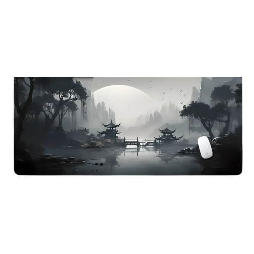 Culoare de Fond pentru Mouse și Tastatur 500 x 1000 x 2 mm Motiv Japonez Gri cu Lună, Copaci și Lac Mare pentru Birou la Calculator și Laptop