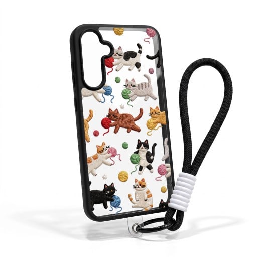 Culoare transparentă cu mânere pentru încheietura mâinii Samsung Galaxy A26 5G Rezistent Motiv de pisici cu ghemotoace Margini negre Protecție