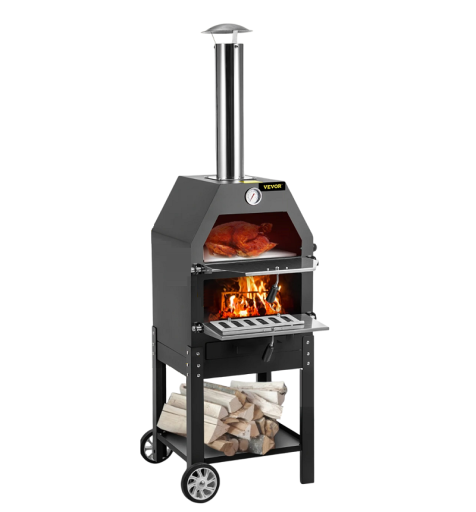 Cuptor pentru pizza în aer liber cu punte dublă, cu roți și mâner Cuptor portabil din lemn cu grătare Grill cu coș de fum și termometru încorporat 45,8 x 46,4 x 141,8 cm
