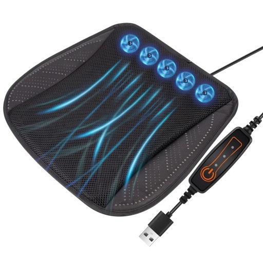 Cuscino ventilato per sedia e auto con 5 ventilatori alimentato USB 3 livelli di ventilazione Superficie a rete Per ufficio