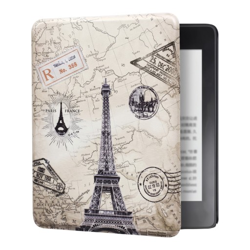Custodia flip beige da 6 pollici per Kindle di 10ª generazione 2019 con Torre Eiffel su mappa antica e francobolli, con cinturino e pellicola