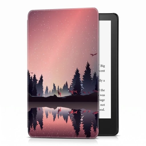 Custodia flip rosa da 6 pollici per Kindle 10ª generazione 2019 con silhouette di foresta al lago e riflesso sotto le stelle con cinturino e pellicola
