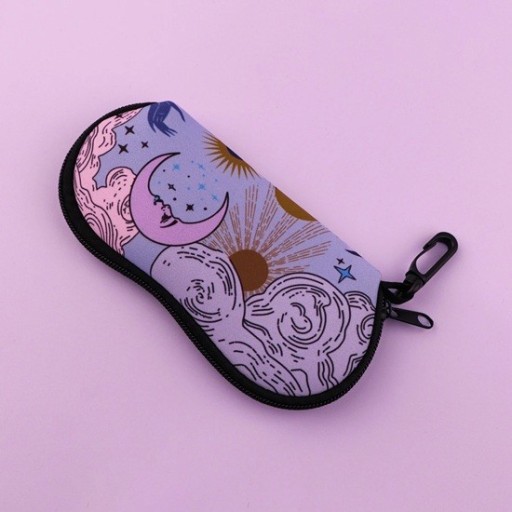 Custodia per occhiali 17,9 x 8,5 cm con motivo di luna e sole Cielo notturno Raggi solari Custodia elegante Zip Moschettone