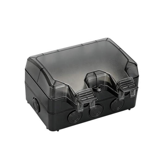 Cutie de instalare rezistentă la apă pentru priză dublă cu capac transparent și ieșiri, 17 × 11 cm, plastic, negru, montare exterioară pe perete