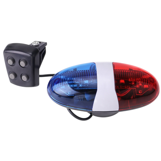 Cyklistická výstražná siréna so 6 LED a klaksónom 10,5 x 4,5 x 4,5 cm Elektrický zvuk 120 dB 4 tóny Policajné svetlo Ovládač Na riadidlá do 24 mm