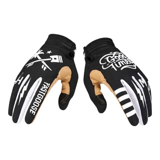 Cyklistické a motokrosové rukavice s bielym potlačou piestu a nápisu so zosilneným palcom a žebrovanou manžetou v čiernej farbe