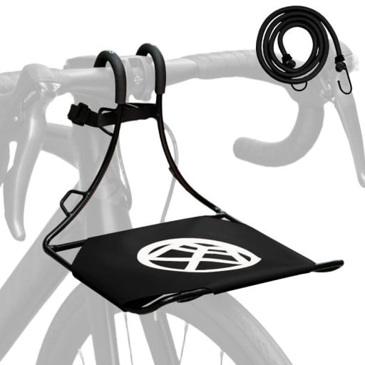 Cyklistický nosič na řídítka s plošinou na zavazadla nosnost 10 kg rozměry 20 x 24 x 22 cm kovový rám pro horské kolo s pružným popruhem