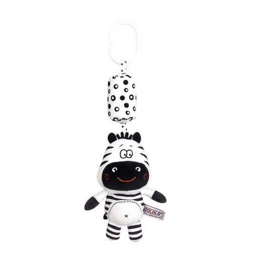 Czarno-biała zawieszka dla niemowląt 32 x 8 cm Pluszowa zebra z dzwoneczkiem Grzechotka do wózka Łóżeczko Fotelik samochodowy