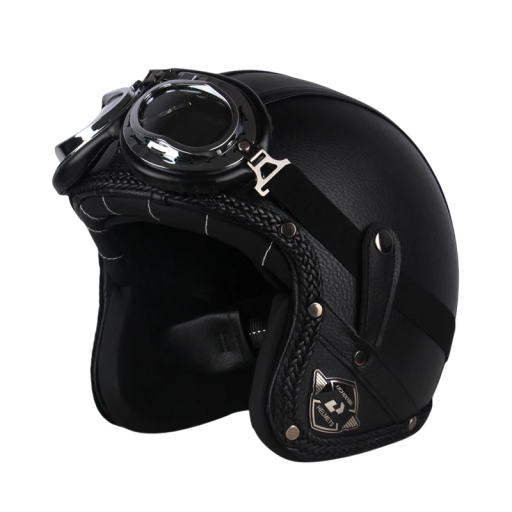 Czarny retro kask motocyklowy z goglami Konstrukcja ABS Klasyczny styl ze sztucznej skóry Kask vintage z ochroną oczu do skuterów i motocykli