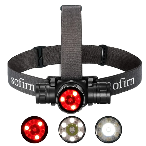 Czerwona latarka czołowa 2000 lm, ładowana przez USB C, czujnik, 6 diod LED, 1 punkt LED, 3 czerwone światło LED, obrót o 130°, bateria 18650