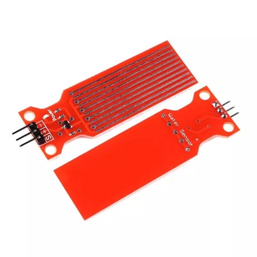 Czujnik poziomu wody i kropli deszczu do mikrokontrolera, analogowe wyjście 3-5V, pole detekcji 40 x 16 mm, wymiary 62 x 20 x 8 mm, czerwony