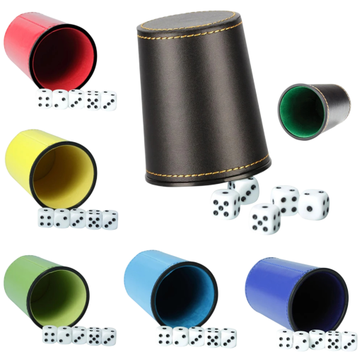 Dados de jogo 5 unidades com copo 9 x 7.5 x 6 cm Aparência de pele Conjunto de dados para noite de jogos diversão em família e jogos