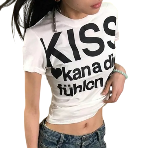 Dam-T-shirt med KISS-tryck Retrostil Slim fit Kortärmad Modern inskription Vintage-inskription Originaltryck