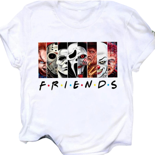 Dam-T-shirt med skräcktryck Vänner Ikoniska karaktärer Filmkaraktärer Skräckmotiv Rolig design Kortärmad Streetwear-stil