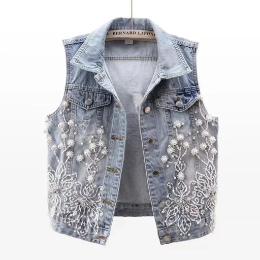 Dame blå denim vest med krave og dekorative elementer Stilfuld vest i bomuld og polyester Knaplukning Moderne denim look