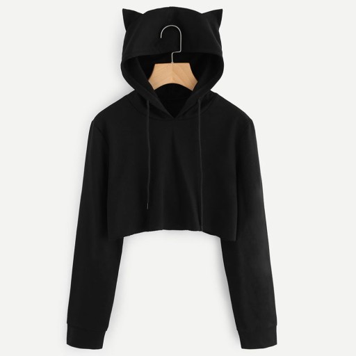 Dame crop top med hætte og katteører - Sort
