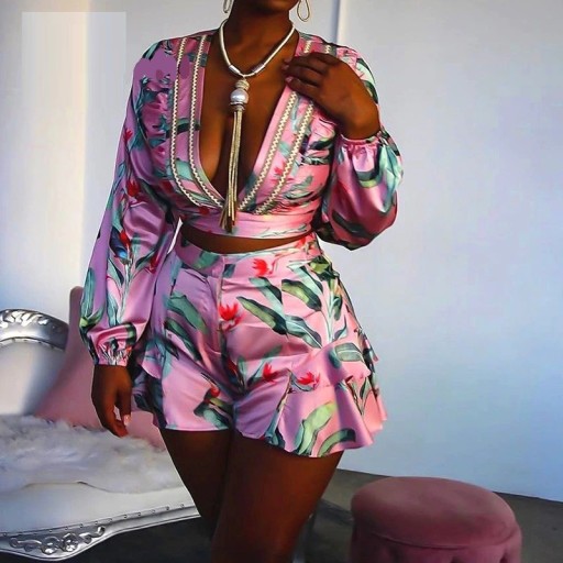 Dame crop top og shorts med blomsterprint B1239