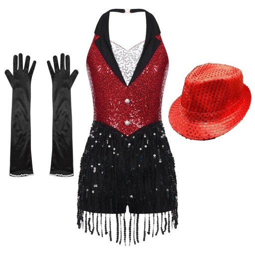 Dame danse sæt kjole med pailletter og frynser, hat og handsker, vestlook med krave, polyester elastan, til latin og jazz