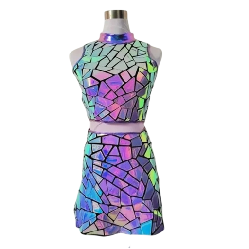 Dame Deltøj Dansesæt Crop Top og Mini Nederdel med Holografisk Mosaikmønster, Polyester, Rosa-Lilla, til Scene