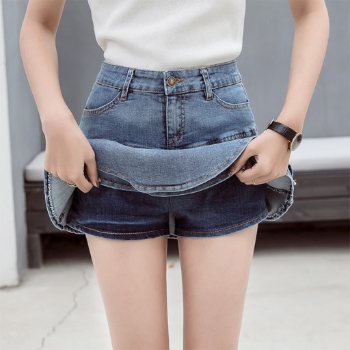 Dame denim mini nederdel med flæser
