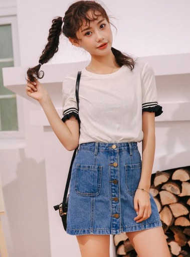 Dame denim nederdel med knapper